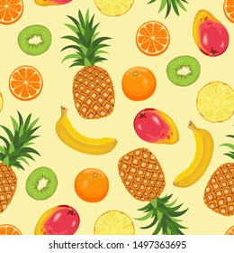 Seamless pattern with pineapple, kiwi, orange, banana and mango on yellow background. Vector illustration of tropical fresh fruits in cartoon simple flat style.
