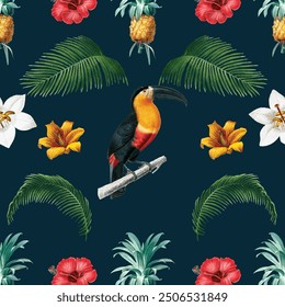 seamless pattern with Pineapple, leaves, flowers and birds The red-breasted toucan is a bird in the family Ramphastidae, the toucans, toucanets, and aracaris, navy, vector art illustration design