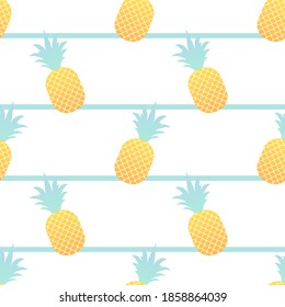 Seamless pattern of pineapple with leaves on stripe blue white background vector illustration. Cute fruit cartoon for print.