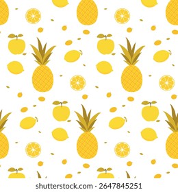 Seamless pattern pineapple lemon apple pattern. Flat style. Packaging for juice and yogurt boxes.