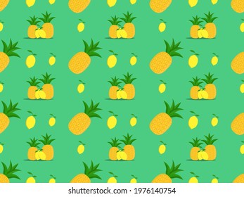 Seamless pattern of pineapple and lemon on pastel green background. Vector illustration art wallpaper. Endless pattern of summer fruit concept.
