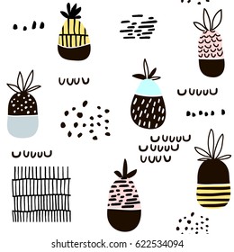Seamless pattern with pineapple. Modern minimalistic texture with hand drawn shapes and exotic fruits. Great for fabric,textile.Vector background