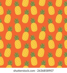 Seamless pattern with pineapple on red-orange background vector illustration. Cute fruit print.
