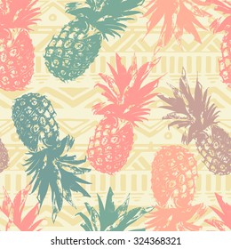 Seamless pattern with pineapple on tribal background  in vector 

