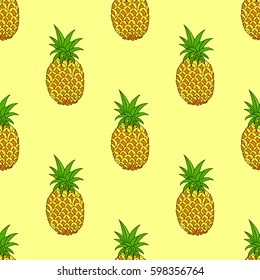 Seamless Pattern of Pineapple on Yellow Background.Vector.Illustration.Han-drawn