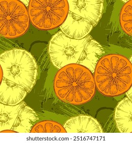 Seamless Pattern with pineapple and orange. Color sketch style hand drawn background. Detailed illustration, hand drawn. Great for fabric and textile, prints, invitation, packaging