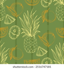Padrão sem costura com abacaxi e laranja. Fundo desenhado à mão estilo de esboço de cor. Ilustração detalhada, desenhada à mão. Ótimo para tecido e têxtil, estampas, convite, embalagem