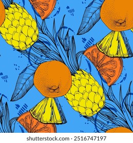 Seamless Pattern with pineapple and orange. Color sketch style hand drawn background. Detailed illustration, hand drawn. Great for fabric and textile, prints, invitation, packaging