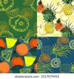 Seamless Pattern with pineapple and orange. Color sketch style hand drawn background. Detailed illustration, hand drawn. Great for fabric and textile, prints, invitation, packaging