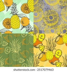 Seamless Pattern with pineapple and orange. Color sketch style hand drawn background. Detailed illustration, hand drawn. Great for fabric and textile, prints, invitation, packaging