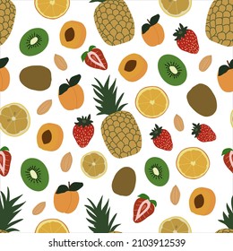 Seamless pattern with pineapple, orange, lemon, kiwi, apricot, strawberry and almond. Backgrounds and wallpapers for invitations, cards, fabrics, packaging, textiles, posters. Vector illustration.