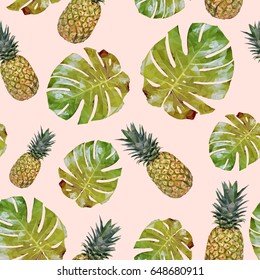 Seamless pattern with pineapple and palm leaves. Vector pattern with triangulated pineapple and palm trees