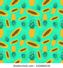 Seamless pattern with pineapple and papaya, tropical exotic fruits in bright colors - Vector