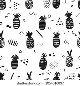 Seamless pattern with pineapple. Scandinavian style. Perfect for kids fabric, textile, nursery wallpaper. Memphis style. Black and white