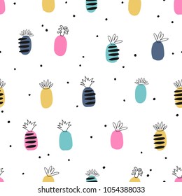 Seamless pattern with pineapple. Scandinavian style. Perfect for kids fabric, textile, nursery wallpaper. Memphis style. Black and white