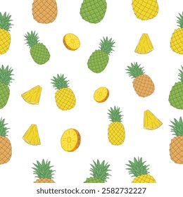 seamless pattern of pineapple. Set of pineapple. Seamless pineapple pattern vector. Ananas seamless pattern. Pineapple exotic tropical fruit as name Ananas comosus.  Whole ananas with leaves.