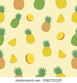 seamless pattern of pineapple. Set of pineapple. Seamless pineapple pattern vector. Ananas seamless pattern. Pineapple exotic tropical fruit as name Ananas comosus.  Whole ananas with leaves.