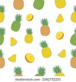 seamless pattern of pineapple. Set of pineapple. Seamless pineapple pattern vector. Ananas seamless pattern. Pineapple exotic tropical fruit as name Ananas comosus.  Whole ananas with leaves.