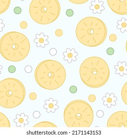 Motif harmonieux de tranches d'ananas, fleurs et points en style kawaii sur fond vert clair.