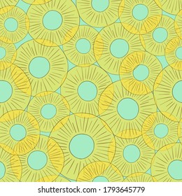 Seamless pattern of pineapple slices on a blue background in a sketch style.
