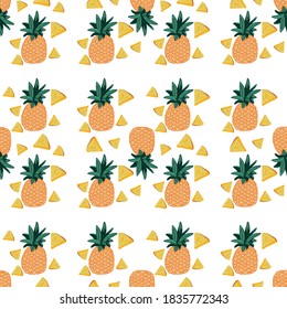 seamless pattern with pineapple and pineapple slices on a white background. Vector illustration