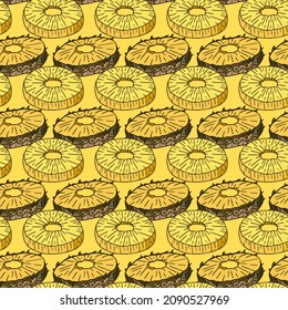 Seamless pattern with pineapple slices on bright yellow background. Endless background with tropical fruit for your design