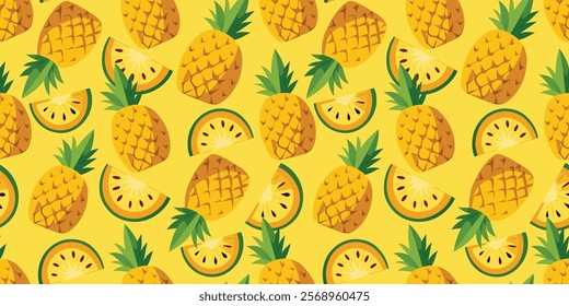 Seamless Pattern of Pineapple Slices on Yellow Background