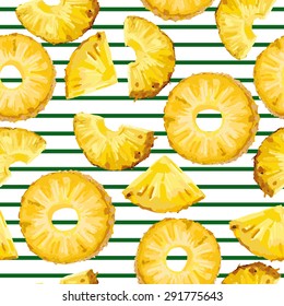 seamless pattern with pineapple slices on the green stripe