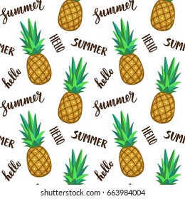 Seamless pattern with pineapple. Summer text. Calligraphic lettering 