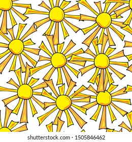 Seamless pattern with pineapple and sun. Cartoon flat style hand-drawn. Design for wrapping paper, fabric, wallpaper. Vector illustration