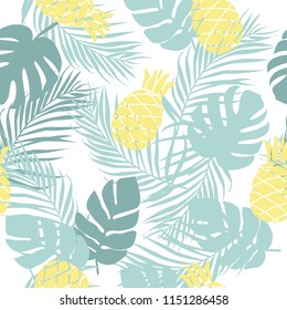 Seamless pattern with pineapple and tropical leaves. Summer background.