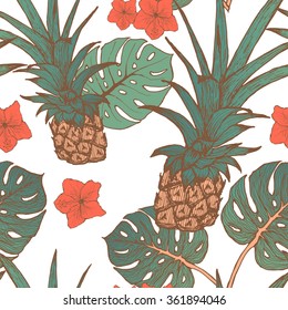 Seamless pattern with pineapple and tropical leaves in vector
