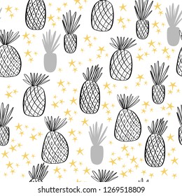 Seamless pattern with pineapple. Vintage pineapple seamless for your business. Vector texture. Black ink pattern. Vector.