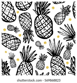 Seamless pattern with pineapple. Vintage pineapple seamless for your business. Vector Gold texture. Black ink  pattern