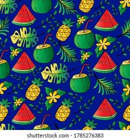 Seamless pattern with pineapple, watermelon and coconut slice.