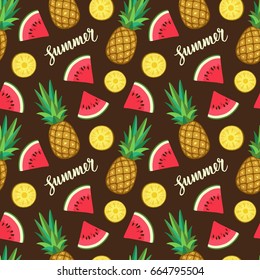 Seamless pattern with pineapple and watermelon. Summer text. Calligraphic lettering.