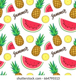 Seamless pattern with pineapple and watermelon. Summer text. Calligraphic lettering.