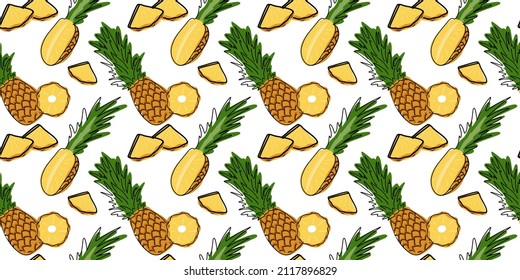 Seamless pattern of pineapple whole and slice. Tropical product. Hand drawn or doodle style. Suitable for wallpapers, web pages backgrounds, surface textures, textiles. Flat illustration