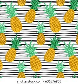 Seamless pattern with pineapple in yellow and green on stripe background. Modern style