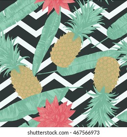 Seamless pattern with pineapples, banana leaves, lotus flowers on zigzag. Hand drawn vector.