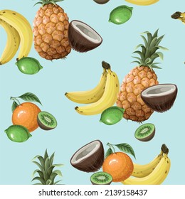 Seamless pattern with pineapples, bananas, figs and tropical leaves. Vector