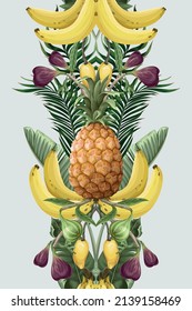 Seamless pattern with pineapples, bananas, figs and tropical leaves. Vector