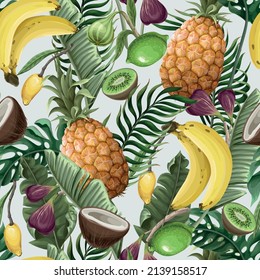 Seamless pattern with pineapples, bananas, figs and tropical leaves. Vector