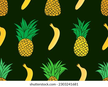 Patrón sin foco con piñas y plátanos. Fondo tropical de verano con bananas y piñas en un fondo oscuro. Diseño para imprimir, banners y artículos promocionales. Ilustración del vector