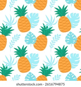 Seamless pattern of pineapples and blue palm leaves. Vibrant flat design for summer, tropical, or food related projects. Vector illustration