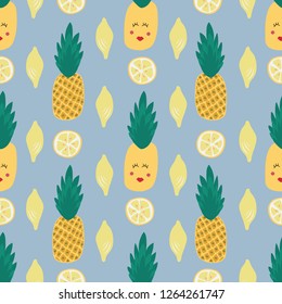 Seamless pattern of pineapples with cute faces and fresh lemons on a blue background. Great for textile print, invitations, or packaging. Vector file.