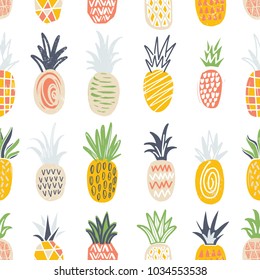 Seamless pattern with pineapples of different color and texture on white background. Backdrop with exotic tropical fresh juicy fruits. Colorful hand drawn vector illustration for wrapping paper.