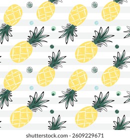 Seamless pattern with pineapples. Doodle tropical backckgrounds. Sketch, line art drawing style. 