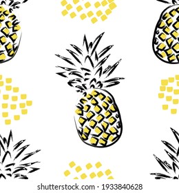 Seamless pattern with pineapples are drawn with a wide brush with yellow rhombuses. For printing on fabrics, textiles, bed linen, tea towels, paper, decorative pillow. Vector graphics.