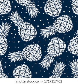 Seamless pattern with pineapples in engraving style. Design element for poster, card, banner, clothes. Vector illustration